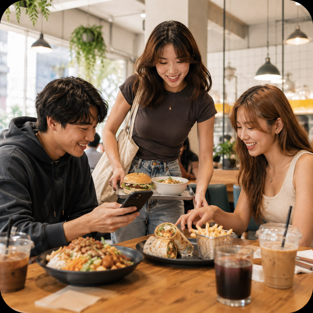 Students sharing food at a casual cafe