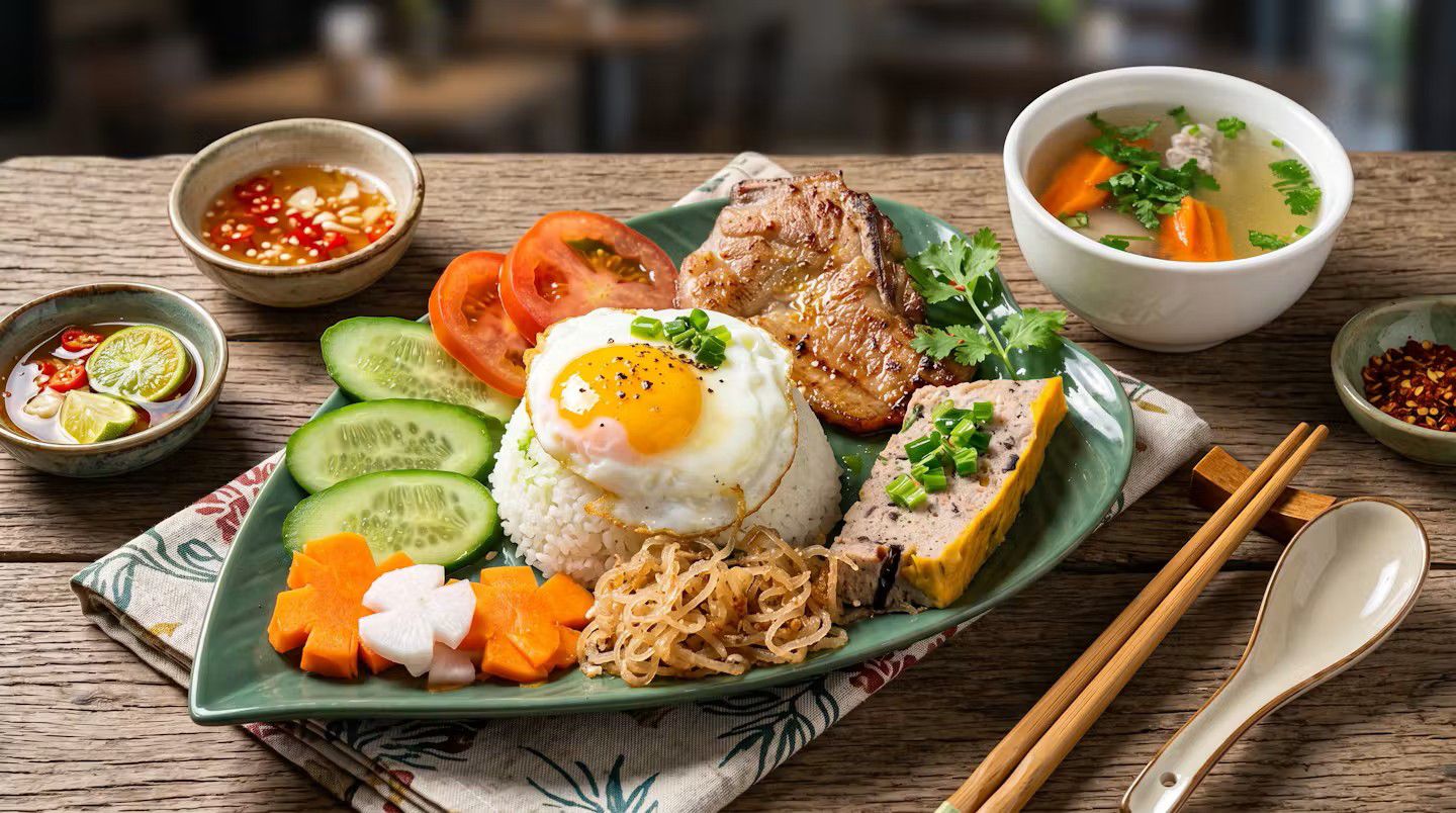 A Vietnamese cơm tấm plate — grilled pork chop, fried egg, rice, pickled veg and a bowl of soup