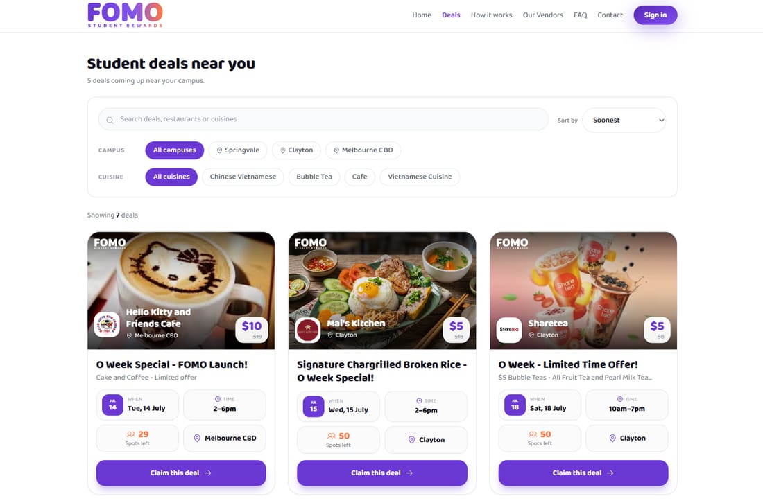 The FOMO deals page showing student deal cards near campus