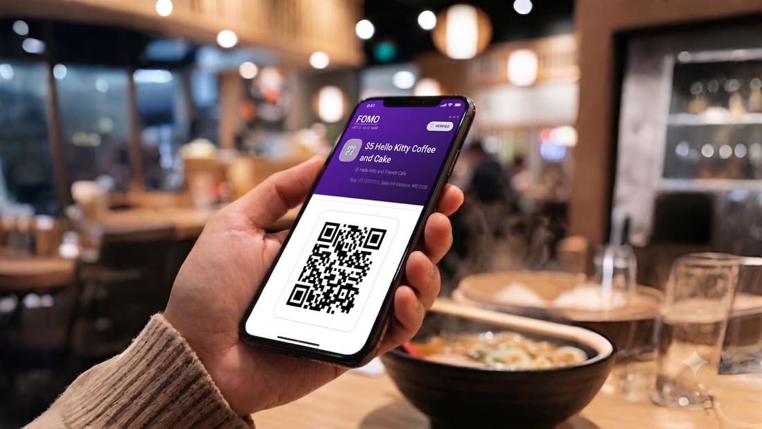 A phone showing a FOMO QR pass held over a meal on the table